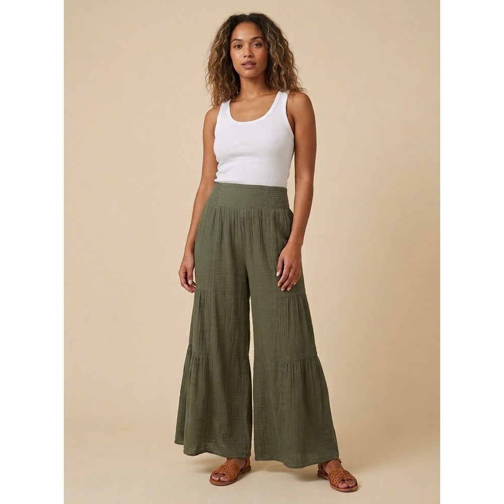 High Waisted Tiered Nanette Lepore Olive Green Gauze Wide Leg Pants Size L Large